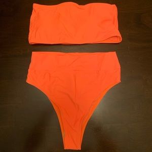 High-waisted Neon Orange Strapless Swimsuit
